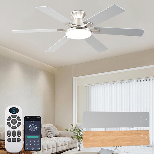 iacaf Ceiling Fans with Lights,54 Inch Low Profile Ceiling Fan with Light and Remote Control,6 Speeds/6 Blade,Flush Mount,LED Dimmable DC Reversible Modern, Nickel Ceiling Fan for Bedroom/Living Room