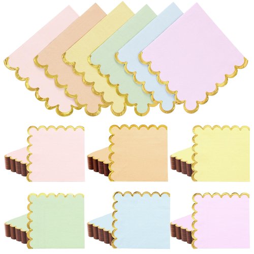 Layhit 150 Pack Pastel Napkins Scalloped Tea Party Napkins with Gold Foil Disposable Ice Cream Party Supplies for Dinner Birthday Wedding Cocktail Beverage Festival(Rainbow Color)