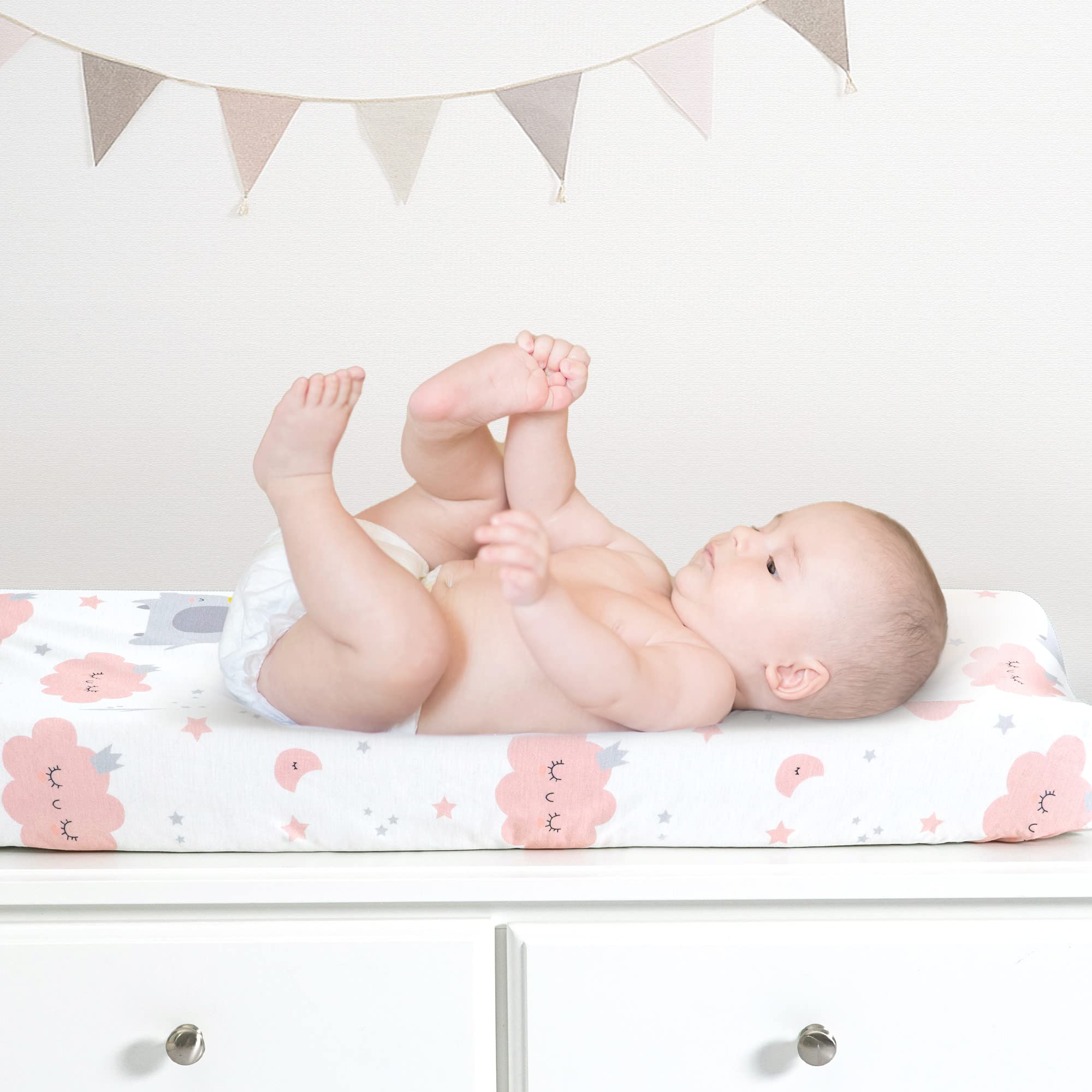 TILLYOU Changing Pad Cover Set in Soft Jersey Material - Fits 32"/34''x16 Contoured Pad for Babies,Elephant & Cloud, Pink