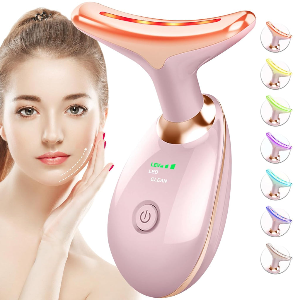 Skiennix Red Light Therapy Face Massager - 7 Color Vibrating Tool for Wrinkles & Double Chin | Glossy Pink