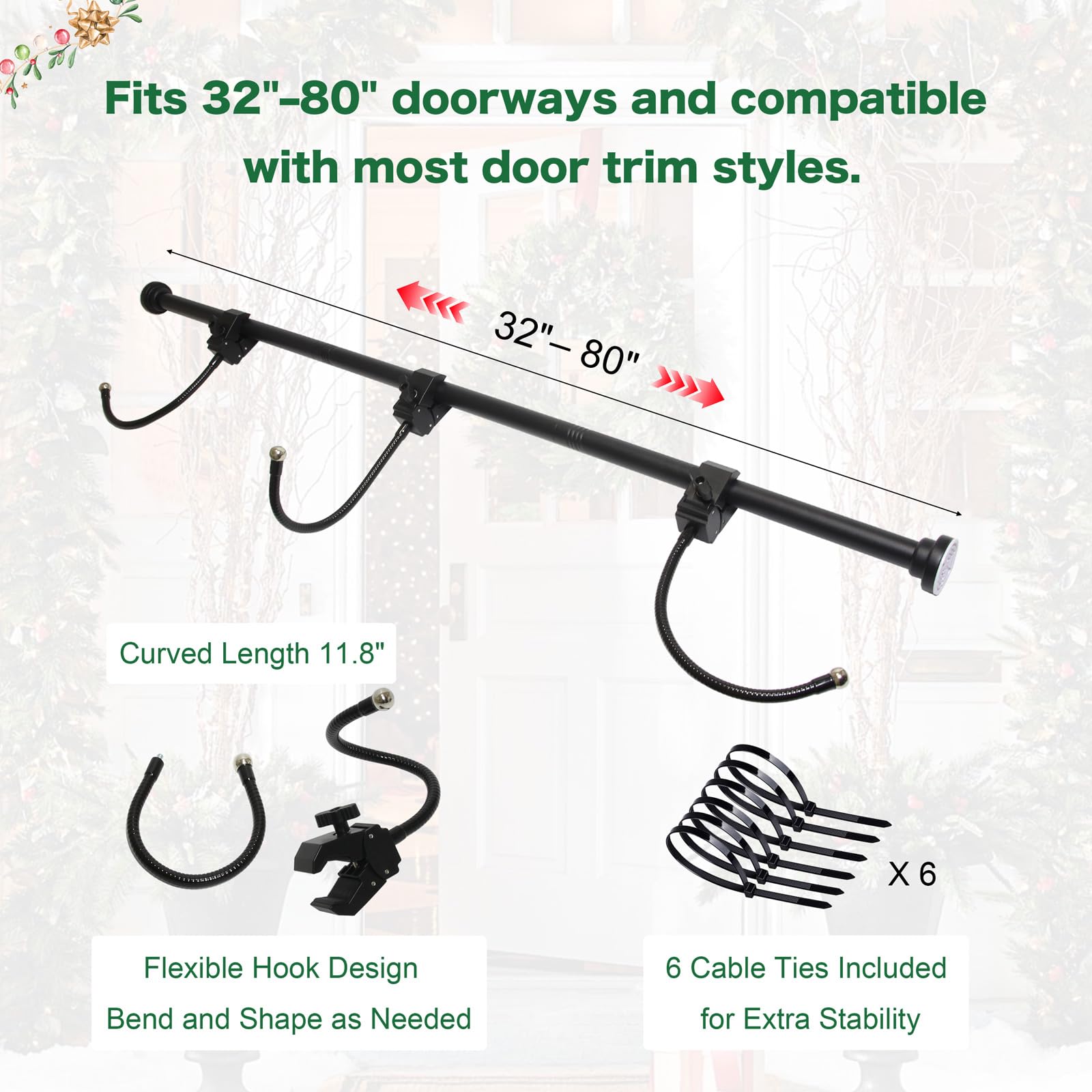 Toporion Adjustable Garland & Wreath Hanger for Front Door Frame 32"-80", Front Door Hanger for Christmas Decorations & Halloween Decor, No Drilling,Damage-Free