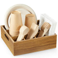 Acacia Wood Utensil Holder for Party, 6-Compartment Paper Plate and Silverware Organizer with Handles, Rustic Utensil Caddy for Parties, Outdoor Gatherings, and Kitchen Countertop Organization