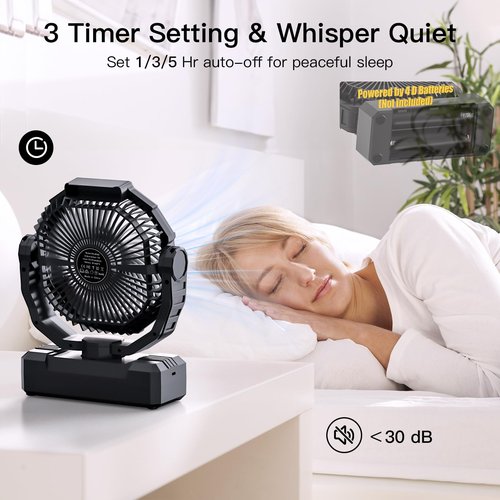 Wavmill Battery Operated Fan [200H Max], 2 in 1 D-Cell Battery & USB Powered Fans, Portable Camping Fan with 4 Speeds, Light, Timer, Remote for Outdoor Tent, Travel, Picnic, Office, Bedroom - Black