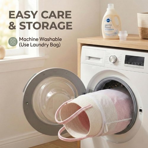 JMvicyroam Extra Large Blanket Basket - Woven Cotton Rope Laundry Hamper with Reinforced Handles | White & Pink, 115L Storage Bin for Pillows, Comforters & Toys