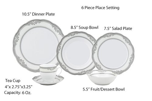Lorren Home Trends Victoria-24 24 Piece Victoria Design Porcelain Wavy Edge Dinnerware Set, White