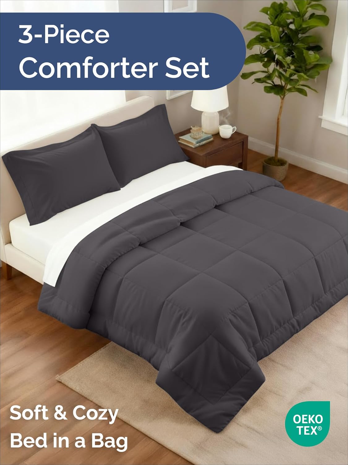 Queen Comforter Set - 3-Piece All-Season Bedding with Soft Quilted Comforter & 2 Pillow Shams - Dark Grey