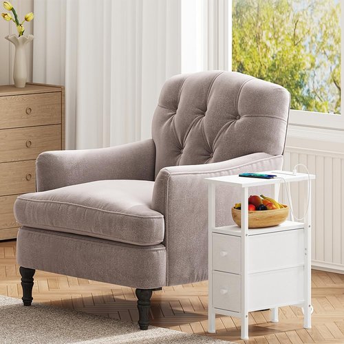 VIMBER 2 Set Narrow Side Table for Small Spaces, Skinny End Table with Charging Station, Sofa Beside Table with 2 Drawers 1 Open Compartment, Slim Nightstand with USB Ports Outlet, White UTBT005W2V2