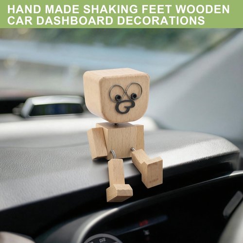 beuhugas 1PCS Shaking Tiny Feet Wooden Doll with Spring Legs with 12pcs Magnetic Expressions Funny Cars Ornaments Wood Desktop Decor, Car Dashboard Accessories