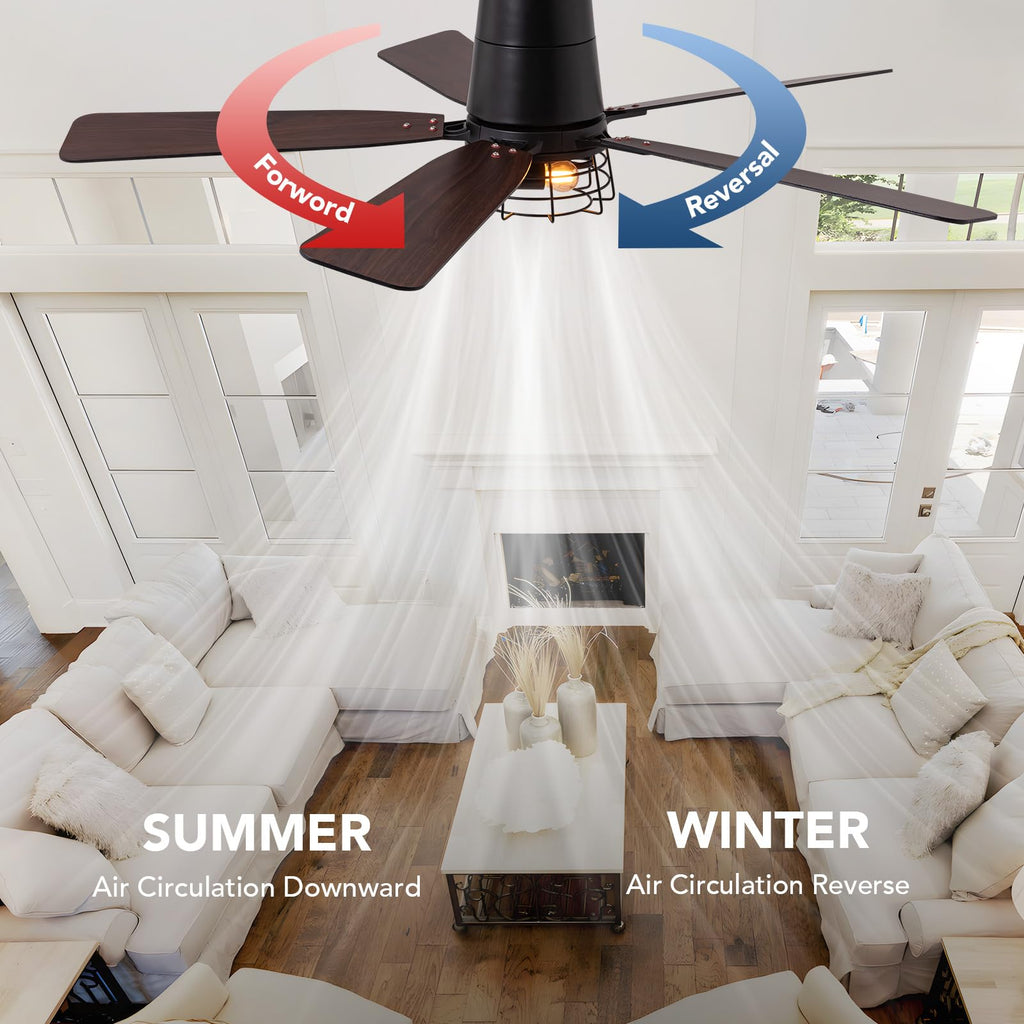 SPACORA 52 Inch Ceiling Fans with Lights, Farmhouse Ceiling Fan with Lights and Remote, Noiseless DC Motor, Black Flush Mount Ceiling Fan for Bedroom Living Room Indoor