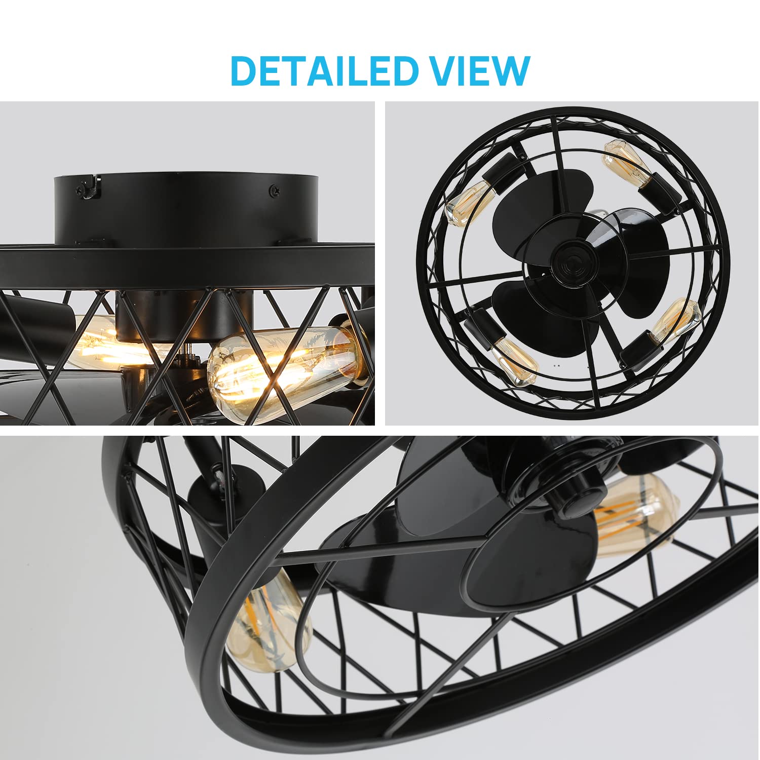 YYEHON 17.7" Caged Ceiling Fan with Light and Remote Control, Flush Mount Bladeless Chandelier Fan, Low Profile Fandelier for Bedroom, Dining Room, Living Room, Kitchen