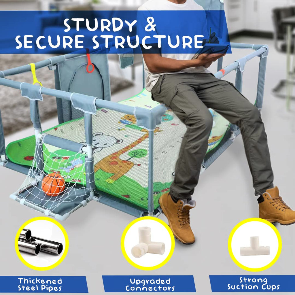 Upgraded Playpen - Enhanced Thick Foldable Mat, Balls, 4 Rings, Storage Bag & Sports Nets - BPA-Free & Safe