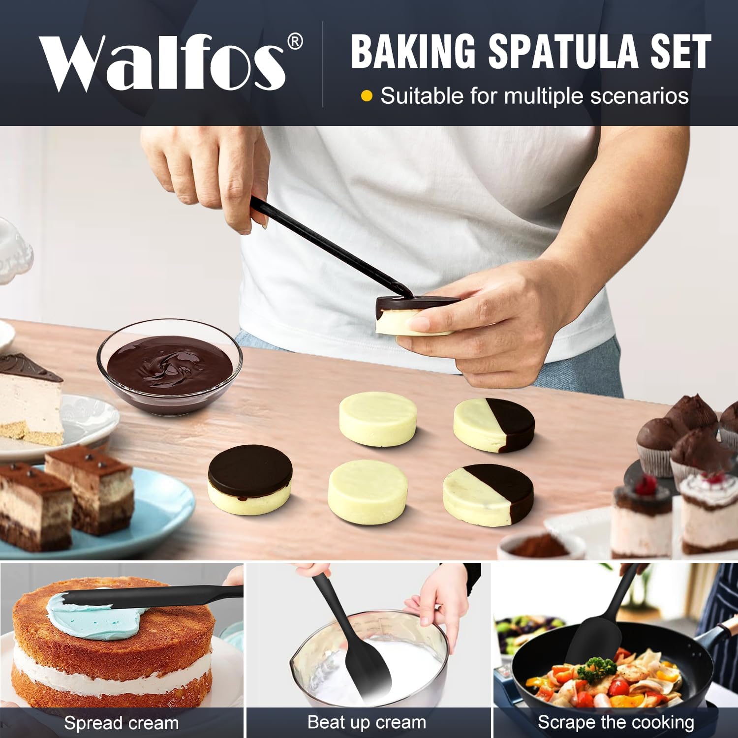 Walfos Silicone Spatula Set of 5 | High Heat Resistant Kitchen Scrapers - BPA Free, Dishwasher Safe, Black