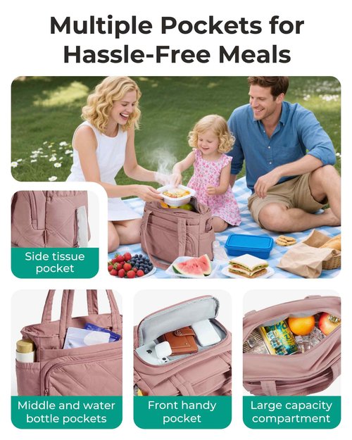 BAGSMART Lunch Bag Women Large Lunch Box Insulated Tote Bag with Multi-Pockets Quilted Puffy Tote for Work, Outdoors