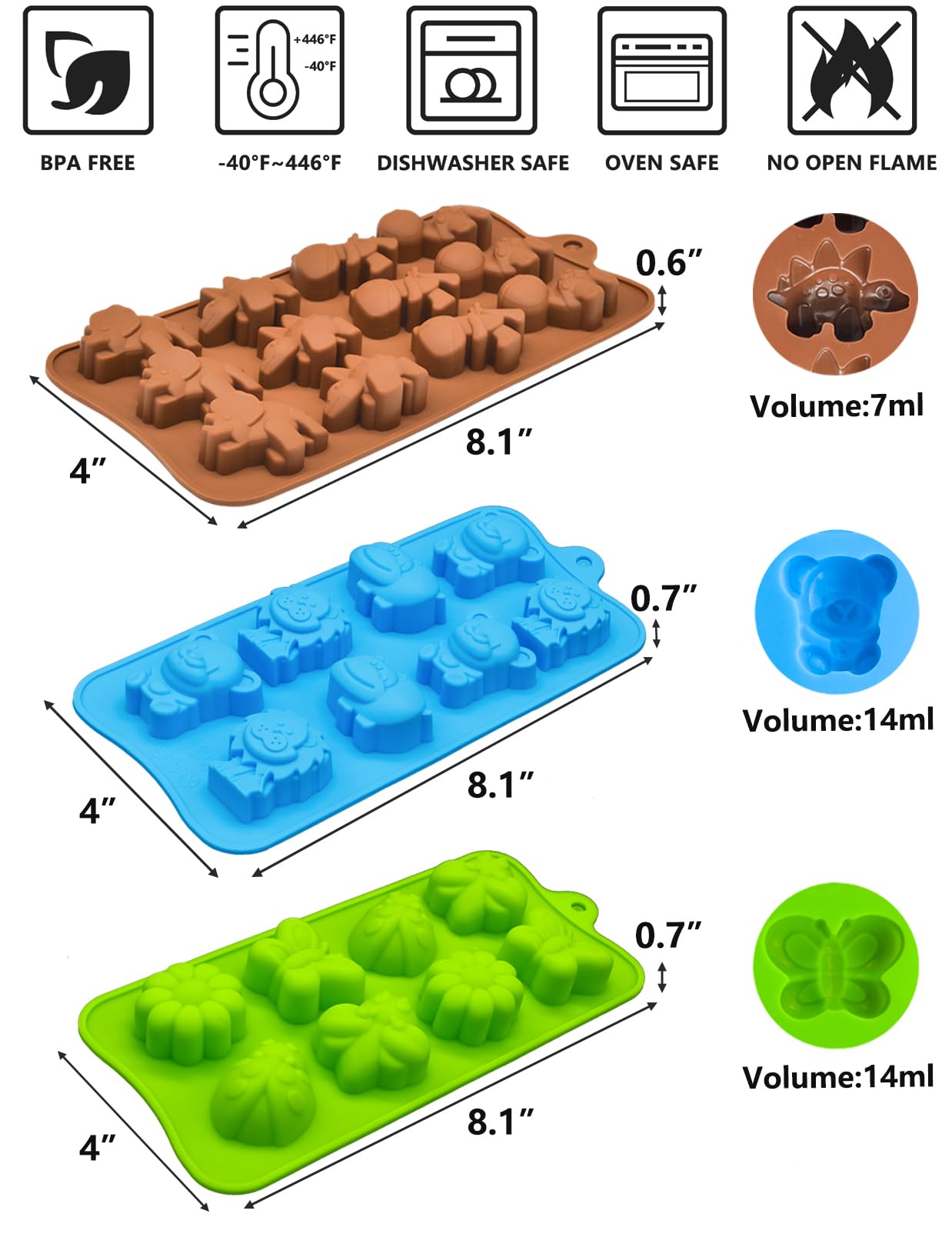 WARM TIME Silicone Chocolate Candy Molds Cake Moulds, Food-Grade Non-Stick Baking & Crayon Mold BPA-Free, Set of 6