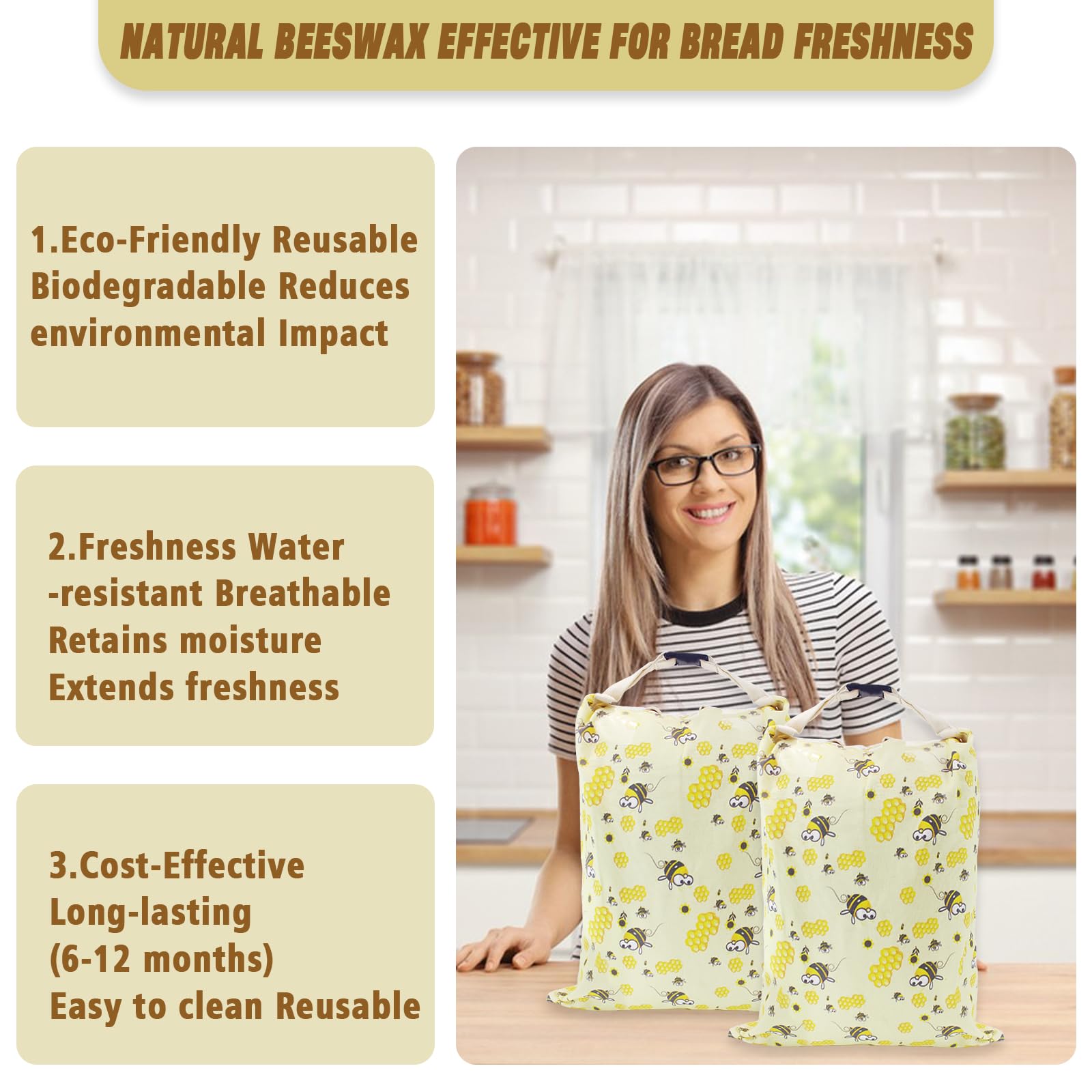 HelixTrim 2 Reusable Beeswax Bread Bags, 17 Inch Foldable Food Storage Bag, Suitable for Homemade Bread, Sourdough Preservation, Picnics, and Zero Waste Living (Bee Bag)