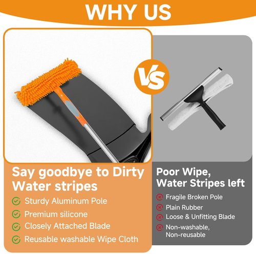 67" Squeegee Window Cleaner 2 in 1 Rotatable Window Cleaning Tool Kit with Extension Pole, Window Washing Equipment with Bendable Head for Indoor & Outdoor High Windows and Car Glass