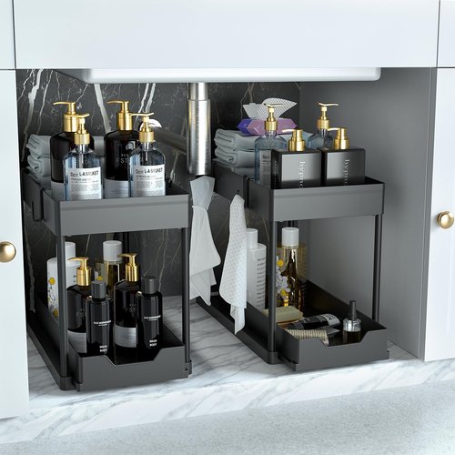 DEKAVA Under Sink Organizer - 2 Pack Bathroom Cabinet Storage Baskets | 2 Tier Sliding Design (Black)