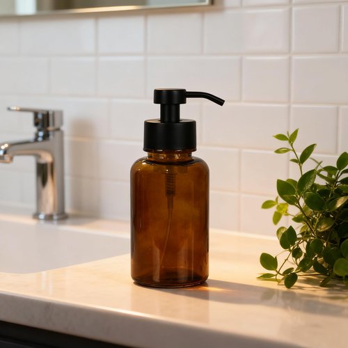 Hzxcuim 15 oz Amber Glass Foam soap Dispenser with Black Rust-Proof Foam Pump, refillable Thick Glass Foam soap Dispenser for Kitchen and Bathroom (1, 15 oz)