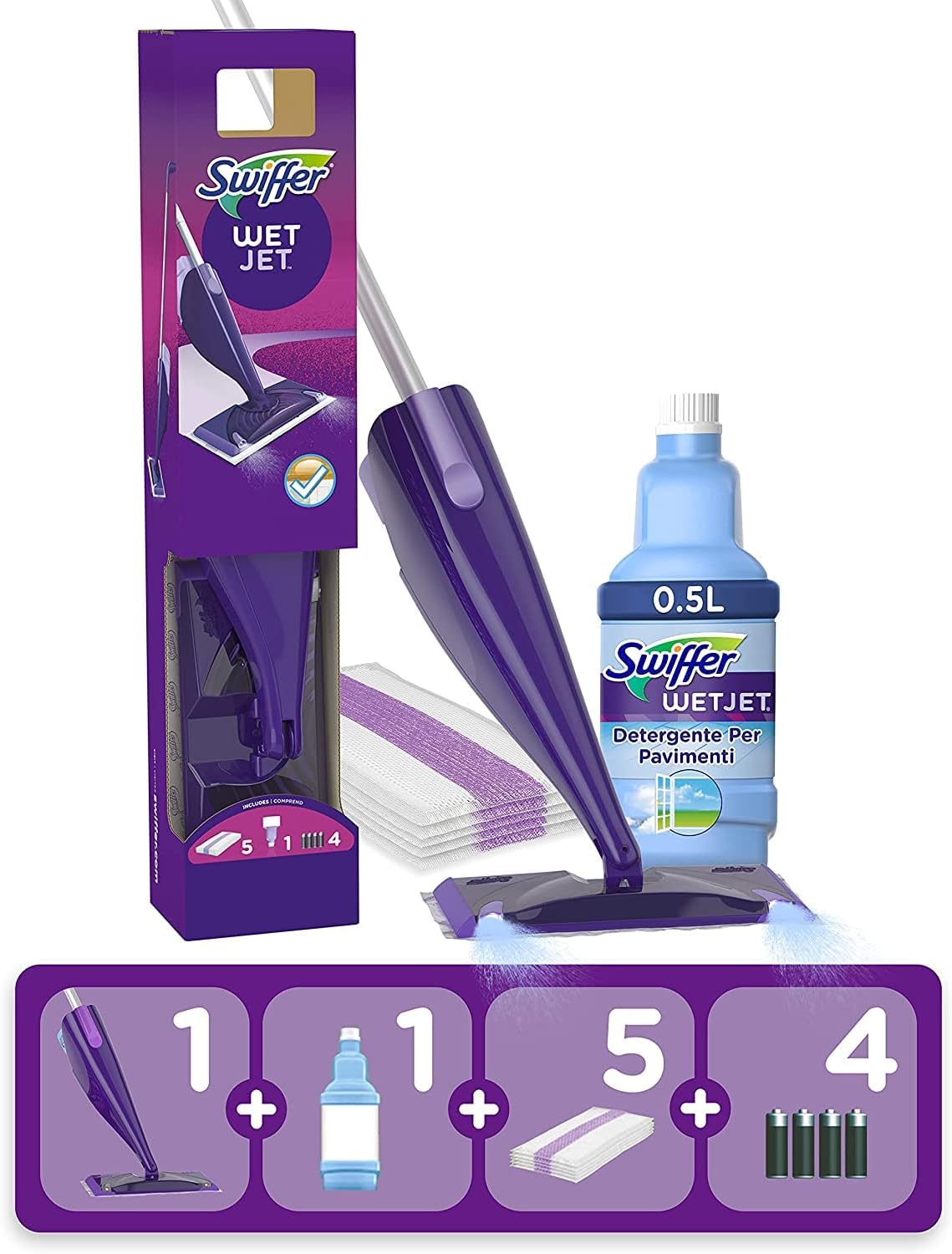 Swiffer WetJet Floor Spray Mop Starter Kit - Includes 1 Mop, 5 Pads, Cleaning Solution & 4 Batteries