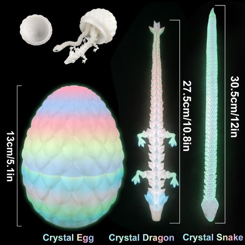 3D Printed Dragon Snake Eggs, Flexible 3D Printed Animal Toys UV Glow in the Dark, Desk Pet for Animal Collectors, Easter Basket Essentials for Teens, Articulated Crystal Dragon Fidget Toys for Adults