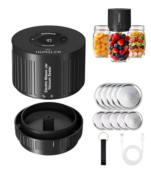 HOMILEN Electric Mason Jar Vacuum Sealer Kit - 2 Modes for Vacuum and Fast Marinade, 10 Sealing Lids - Preserve Freshness Efficiently, Ideal for Canning Jams, Pickles, Dry Foods, Grains Storage