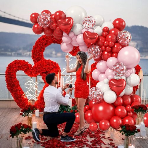 Valentines Red Pink White Balloons Arch Garland Kit, Valentine's Day Love Balloons Red Pink Heart Balloons for Women Girls Romantic Valentine Galentines Day Birthday Bridal Shower Party Decorations