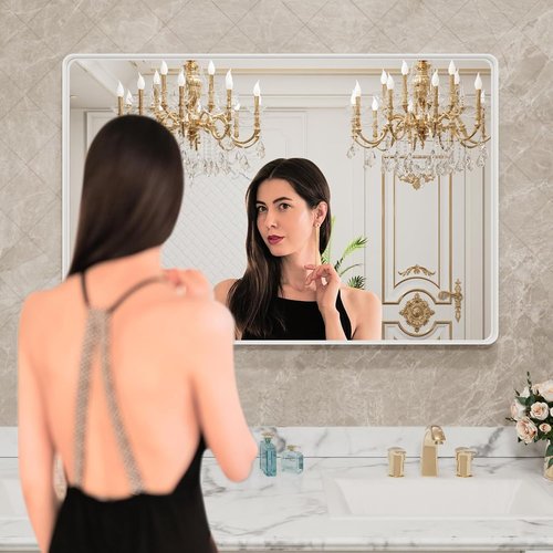 LOAAO Bathroom Mirror - 48x36 Inch White Metal Framed | Large Rounded Rectangle, Anti-Rust, Tempered Glass