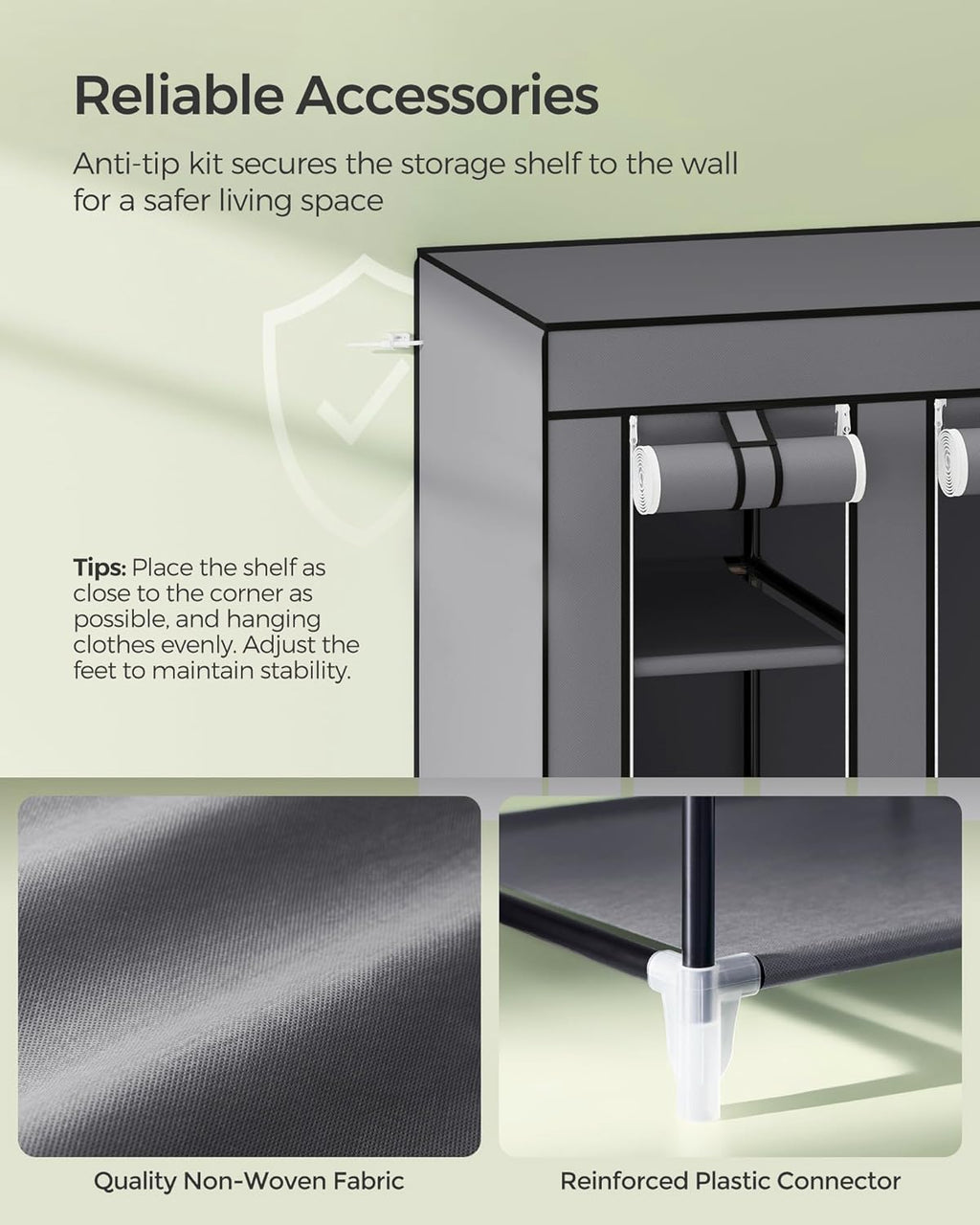 SONGMICS Portable Closet Wardrobe - Non-Woven Fabric Cover Clothes Organizer, 59 x 17.7 x 69 Inches, Gray