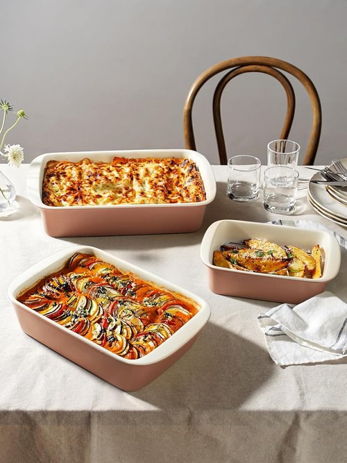 LE TAUCI Ceramic Baking Dish Set - Deep Casserole Dishes with Roasting Racks | Dusty Pink, 3-Piece Set (4.6QT/3.0QT/1.6QT)