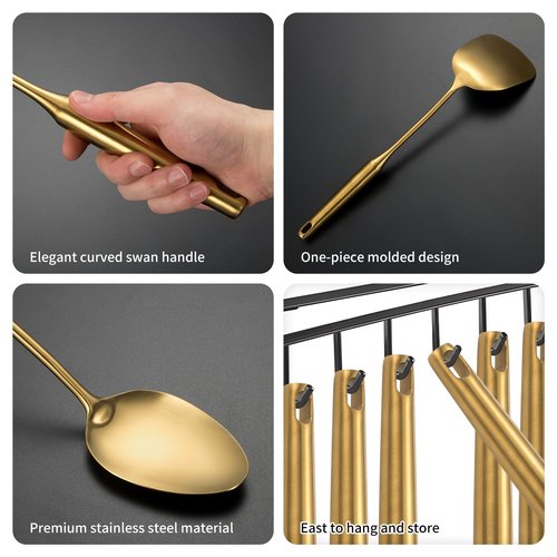 304 Stainlss Steel Matte Kitchen Utensils Set, 11 Pcs Long Metal Cooking Utensil Gadgets Tools Set with Spatula, Spoon, Ladle, Skimmer, Tunner, Pasta Server, Tongs(Gold, Dishwasher Safe)
