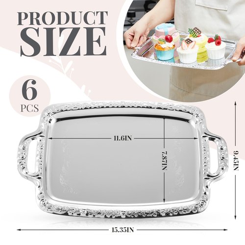 Tiangrid 6 Pcs Silver Serving Tray with Handle Elegant Floral Metal Plate Silver Platter for Buffet Wedding Party Jewelry Decorative (Oblong)