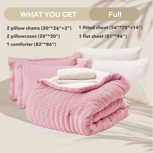 HYMOKEGE Full Size Comforter Set - Luxurious 7-Piece Seersucker Bedding in Pink/Ivory for All Seasons