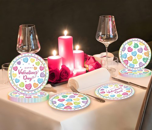 50 Pcs Valentines Day Paper Plates Party Supplies Colorful Conversation Heart Love Paper Plates 7 inch Disposable Cake Dessert Plates Tableware Set for Valentine's Day Anniversary Party Table Decor