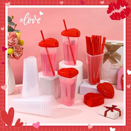 Potchen 160 Sets Heart Shaped Plastic Cups with Straws 16 oz Disposable Cups with Lid and Straws for Valentines Birthday Wedding Anniversary Party Supplies (Red)