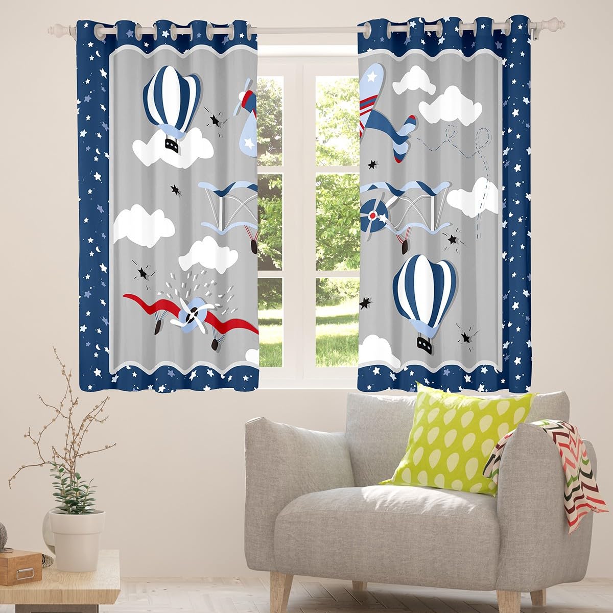 Kids Cartoon Airplane Window Curtain Navy Stripes Hot Air Balloon Aircraft Curtains Boys Teens Room Decor Cloud Starry Moon Blackout Window Treatment Chic Grey Window Drapes,Top 2 Panel,42Wx84L
