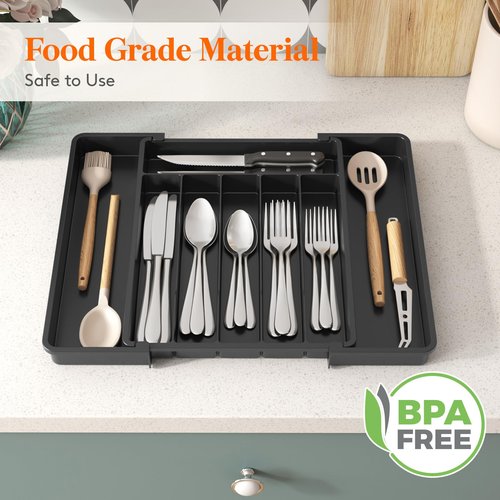 Lifewit Silverware Drawer Organizer, Expandable Utensil Tray for Kitchen, BPA Free Flatware and Cutlery Holder, Adjustable Plastic Storage for Spoons Forks Knives, 11-18 x 14", Black