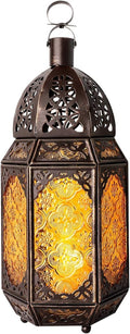 Lewondr Metal Glass Ramadan Candle Lantern - Moroccan Style Hanging Lamp for Home & Garden | Copper & Yellow
