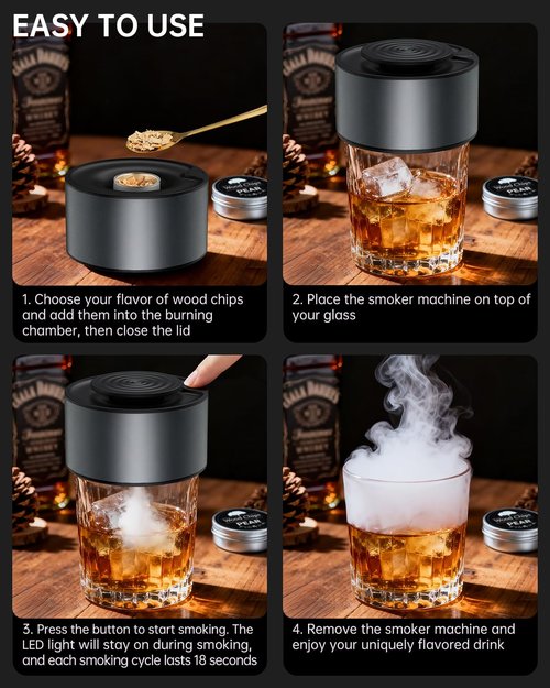 Electric Whiskey Smoker Kit, Rechargeable Bourbon Smoker Kit with 6 Flavors of Natural Wood Chips, Drink Smoker Infuser Kit Cocktail Idea Christmas Birthday Gifts for Men Husband Dad Him