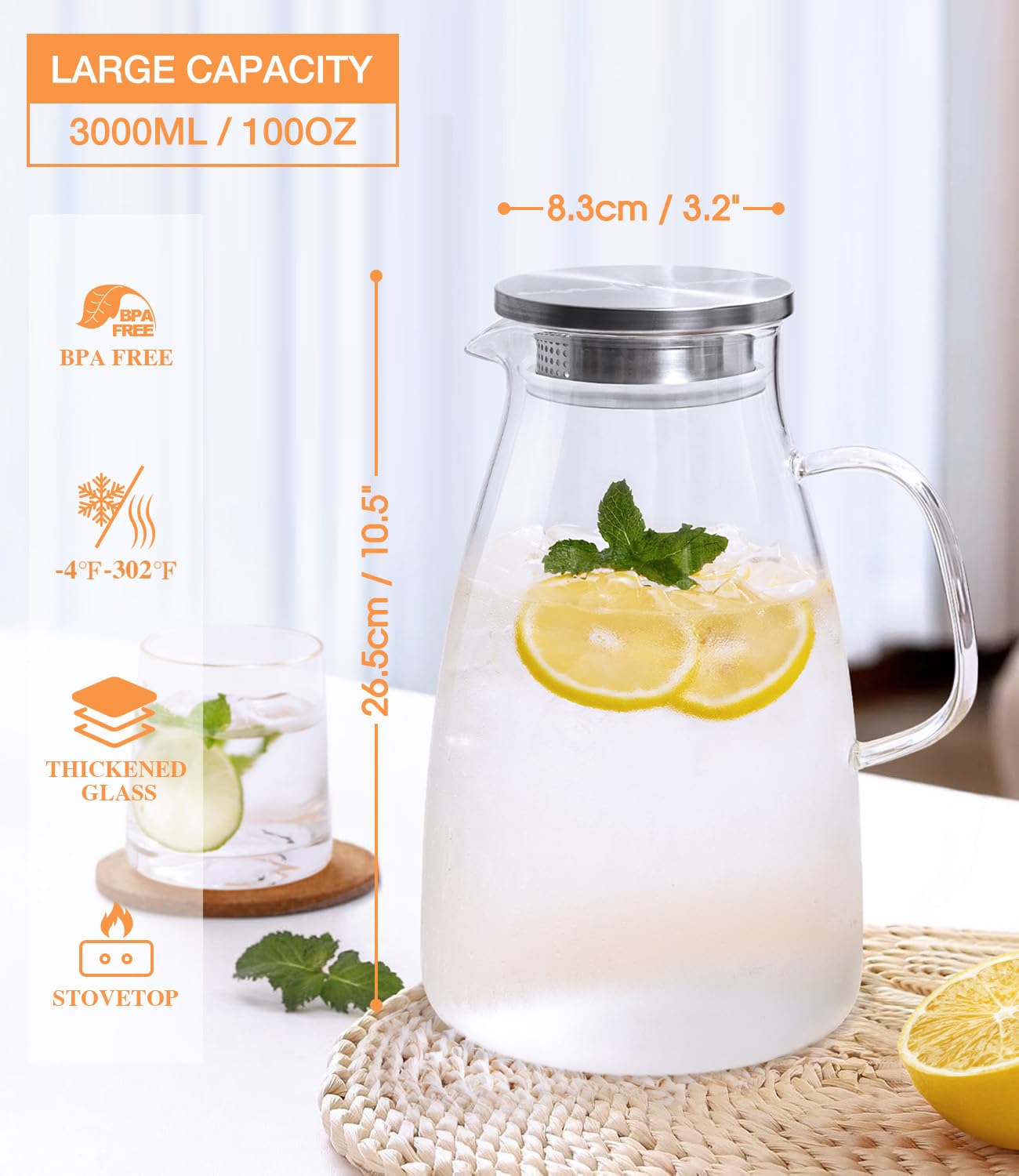 Potdoctor Glass Pitcher with Lid, 3 Liter 100oz Water Pitcher with Handle and Spout for Fridge, Borosilicate Glass for Iced Tea, Juice, Sangria, Cold/Hot Beverage, Large Jug