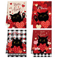 VISSTREE Valentines Day Kitchen Towels, 4 PCS Black Cat Red Heart Dish Towels, Absorbent Hello Love Dish Cloth Hand Towel for Kitchen Anniversary Wedding Valentines Decoration Housewarming Gifts