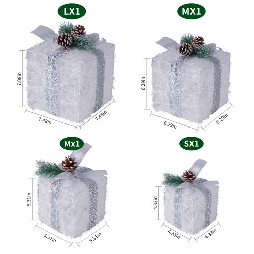 COVFEVER Set of 4 Christmas Lighted Gift Boxes, Pre-lit Light up Present Set with Different Sizes for Holiday Indoor Outdoor Decorations - Battery Operated(Warm White)