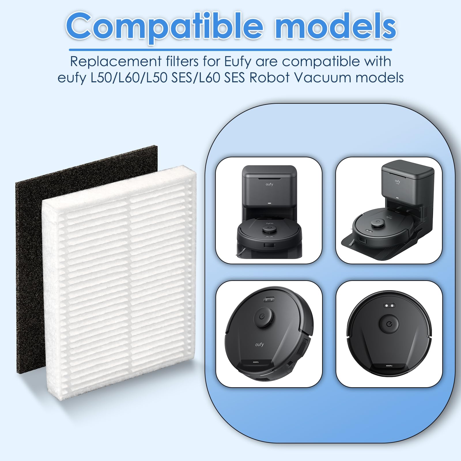(6 Pack) L60 HEPA Efficiency Filters Compatible with Eufy L50, L50 SES, L60, L60 Hybrid, L60 SES Series Robot Vacuum, Robot Vacuum Replacement Parts, with Foam Filter 6 Sets