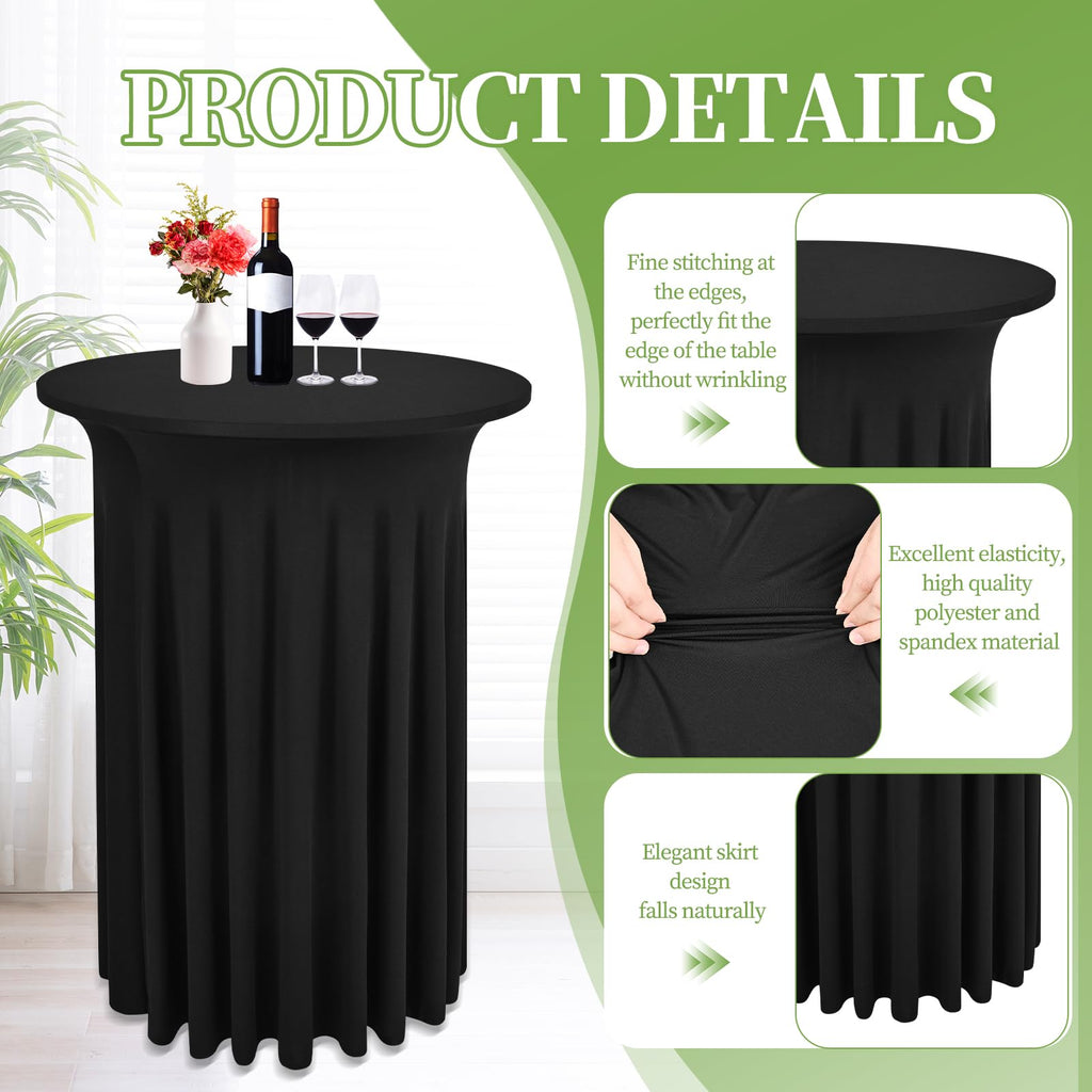 LOKUME 6 Pack Round Cocktail Table Skirts 32 x 43 Inch Black Spandex Cocktail Table Covers with Wavy Drapes Stretch Fitted Round High Top Tablecloths for Wedding Bar Party Banquet
