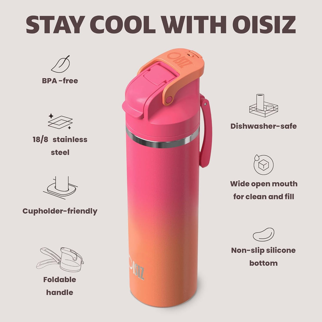 OISIZ Insulated Water Bottle - 24 oz Vacuum Stainless Steel with 2-in-1 Spout & Straw Lid | Leakproof, Keeps Drinks Cold for 24 Hours