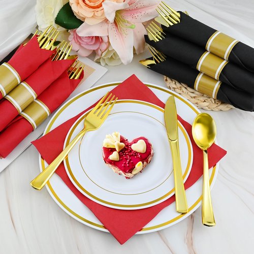 100 Packs Pre-Rolled Black Red Gold Plastic Silverware Sets - Disposable Wrapped Plastic Cutlery Set with 100 Napkins, 100 Knives, 100 Forks and 100 Spoons for Wedding Birthday Party Dinner