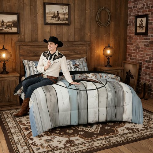 Western Texas Star Sheet Sets 7 Piece, Rustic Farmhouse Comforter Set Queen Size, Retro Cowboy Bedding Set For Kids Teens Adult Men Bedroom, Country Wooden Door Bed In A Bag Western Home Decor