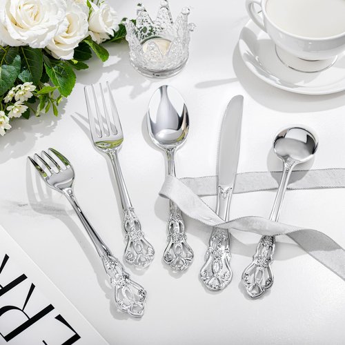 Joyido 300Pieces Silver Plastic Silverware - Heavy Duty Silver Disposable Utensils - Vintage Plastic Cutlery Set Includes 100 Forks, 100 Spoons, 100 Knives for Dinner Parties Weddings