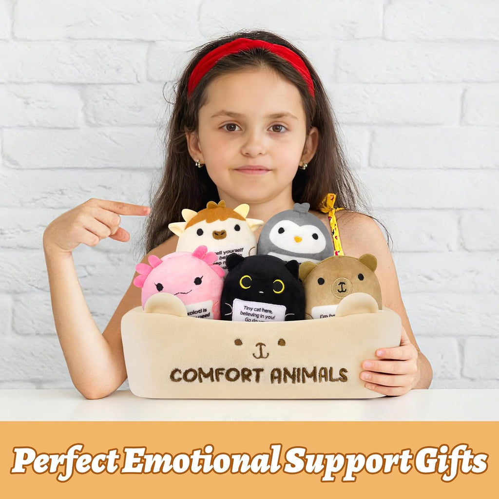 Skiennix Emotional Support Plush Animal Set - 6 Cute Stuffed Toys with Positive Messages | Soft Plushies in Basket