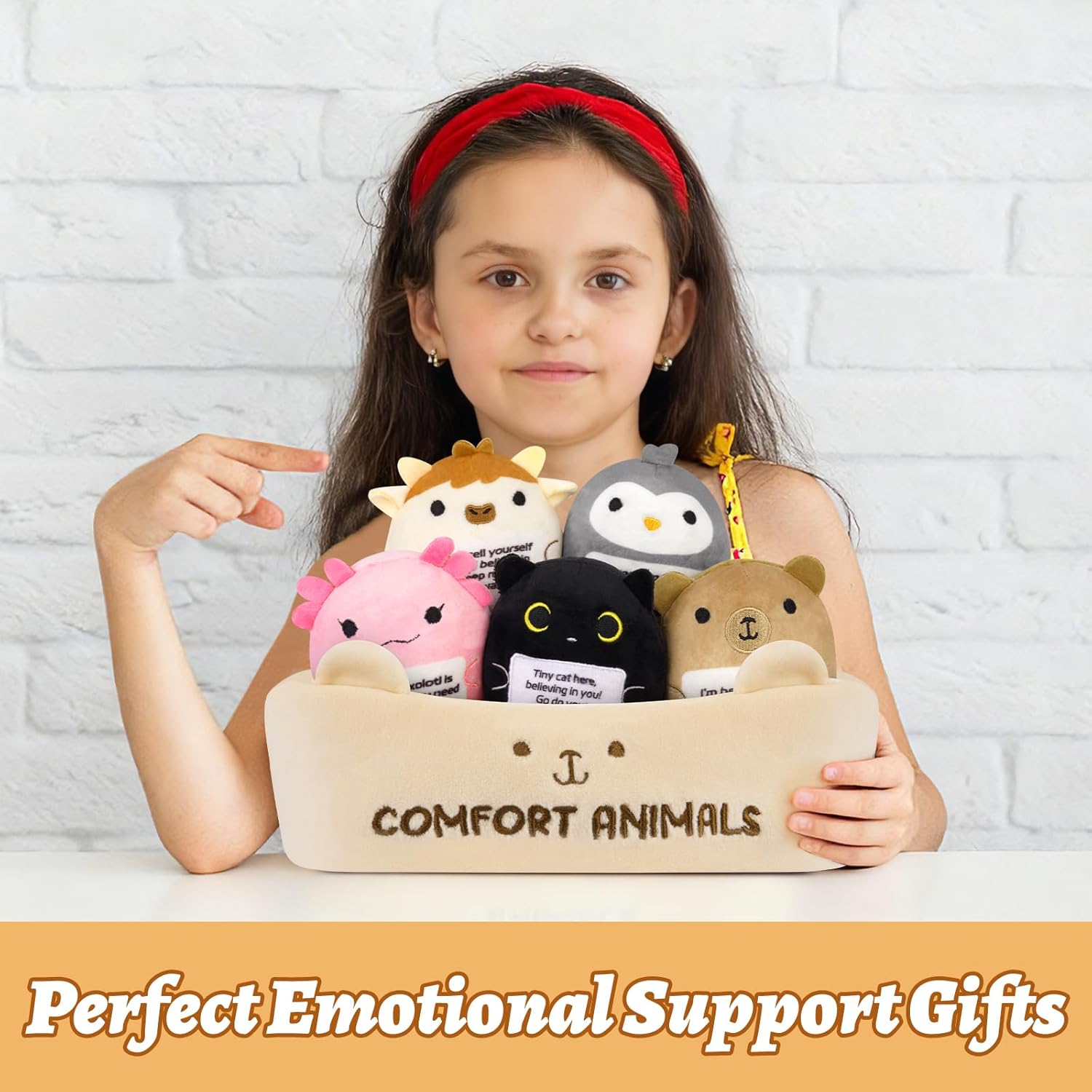Skiennix Emotional Support Plush Animal Set - 6 Cute Stuffed Toys with Positive Messages | Soft Plushies in Basket