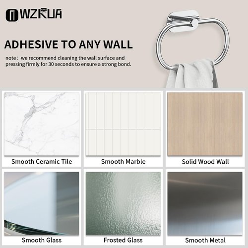 WZRUA Adhesive Towel Holder for Bathroom Polished Chrome No Drill Hand Towel Ring Stainless Steel and Zinc Alloy Self Adhesive Towel Hanger for Bath, Kitchen